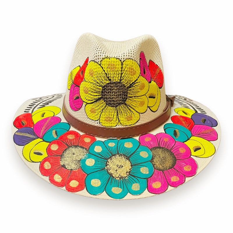 HAT MEXICAN Artisanal Hand Painted Fedora Floral Sombrero Panama Bohemian Ivory