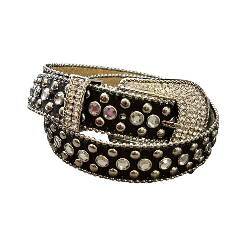 CHRISTINE ALEXANDER Brown Silver Crystals Embellished Leather Belt Rhinestone M