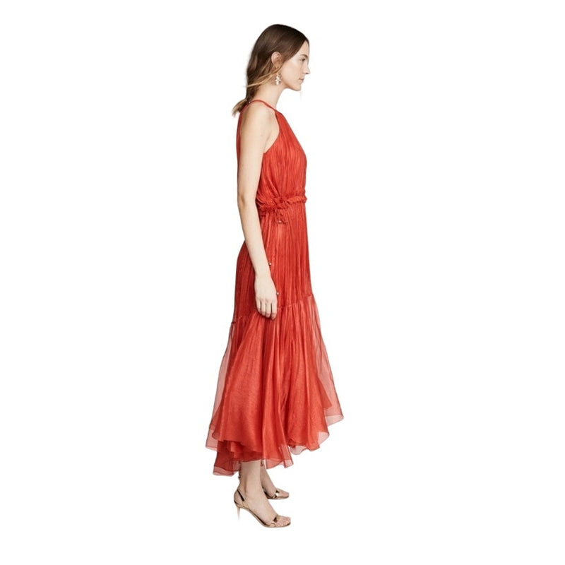 MARIA LUCIA HOHAN Maella Silk Tent Dress Red Chiffon Ruffled Plisse Halter Gown
