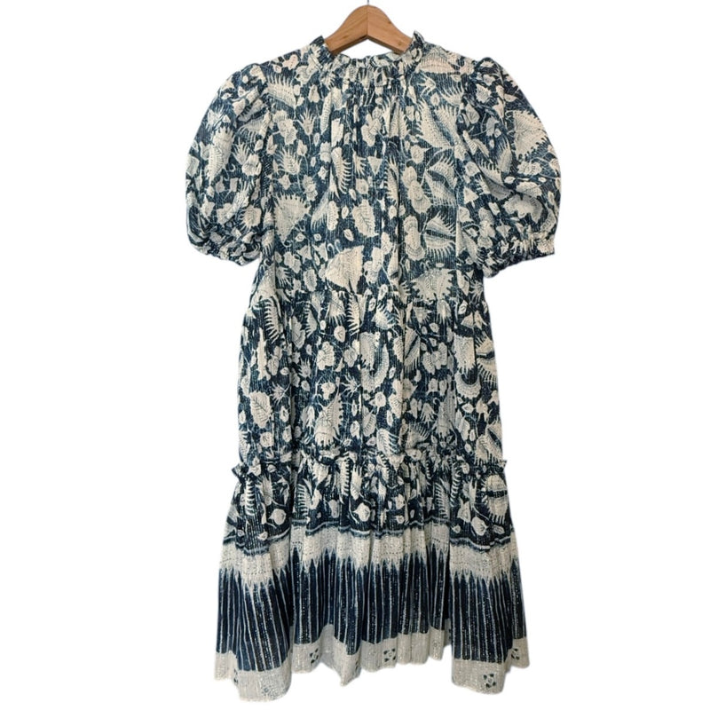 ULLA JOHNSON Dahlia Dress Blue Batik Short Puff Sleeves Crew Neck Silk Lurex 2