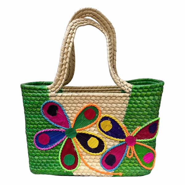 Mexican Natural Weaved Straw Tote Bag HANDMADE Zipper Green Floral Palm Small