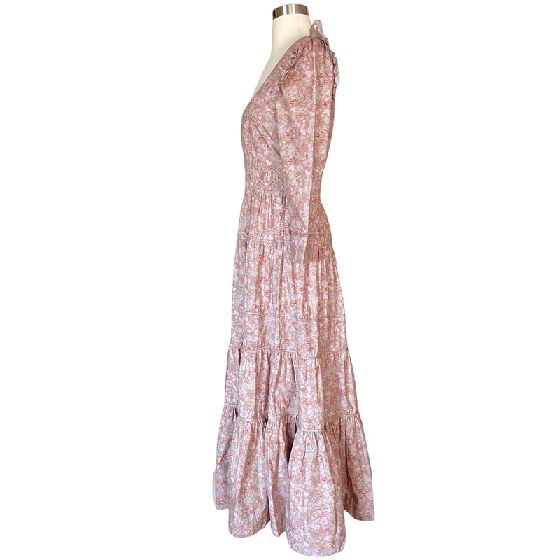 LOVESHACKFANCY Lyna Maxi Dress Tan Garden Cotton Ruffle Floral Pink S 4-6 Sample