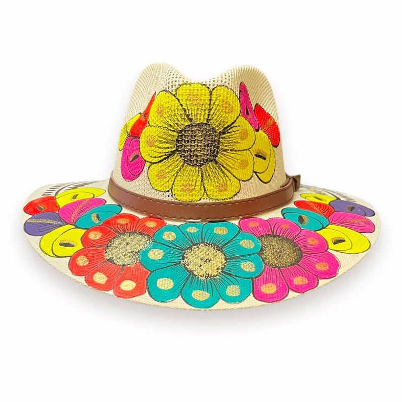 HAT MEXICAN Artisanal Hand Painted Fedora Floral Sombrero Panama Bohemian Ivory