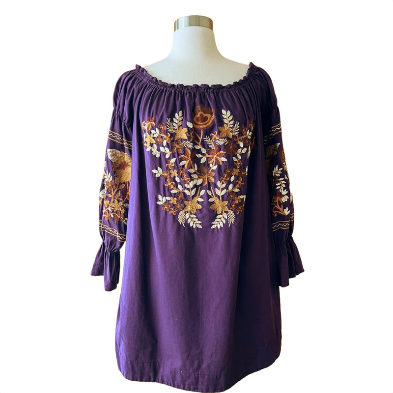 FREE PEOPLE Mini Dress Fleur du Jour Embroidered Tunic Purple Off the Shoulder