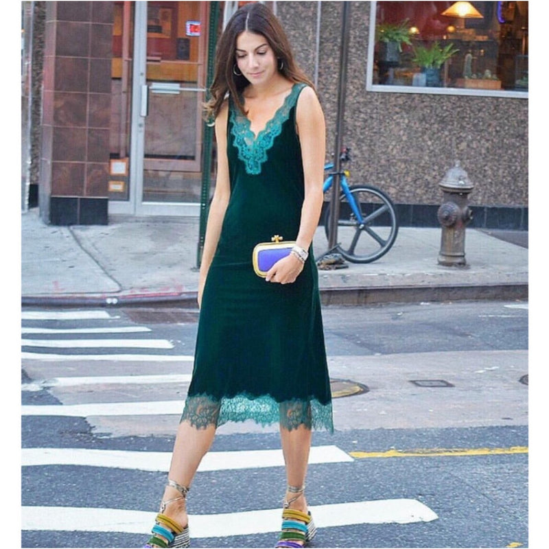 ZARA Velvet Slip Dress Lace Trim Midi Green V-Neck Sleeveless Stretch Medium EUC