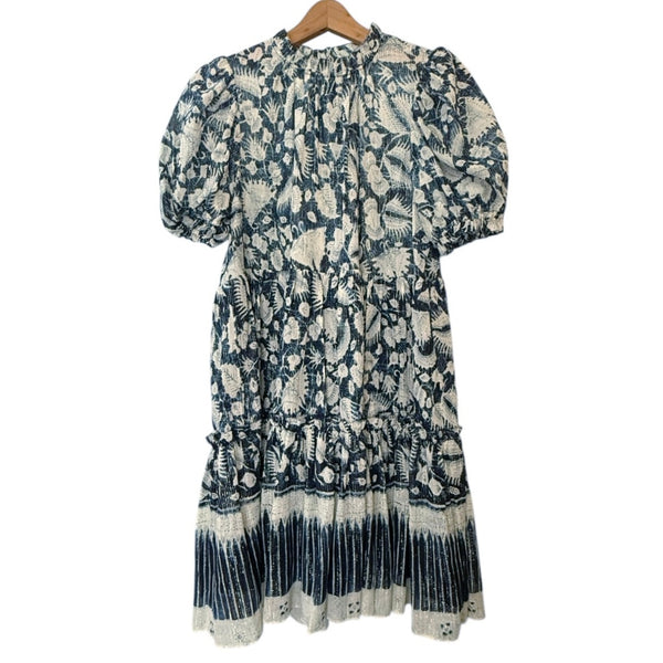 ULLA JOHNSON Dahlia Dress Blue Batik Short Puff Sleeves Crew Neck Silk Lurex 2