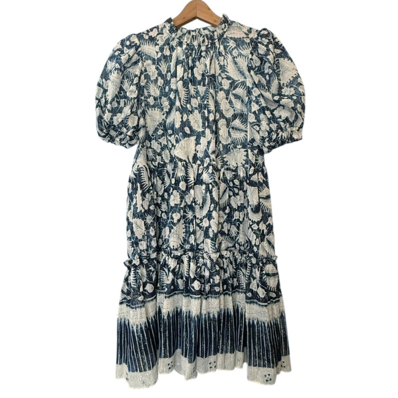 ULLA JOHNSON Dahlia Dress Blue Batik Short Puff Sleeves Crew Neck Silk Lurex 2