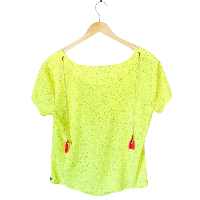 MAISON SCOTCH Short Sleeves Blouse Cowl Neck Top Neon Yellow Y2K 2 Medium EUC