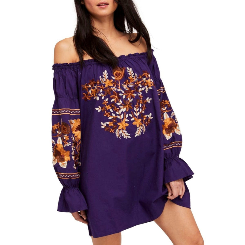 FREE PEOPLE Mini Dress Fleur du Jour Embroidered Tunic Purple Off the Shoulder