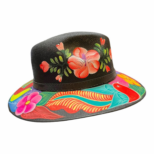 HAT MEXICAN Artisanal Hand Painted Fedora Floral Sombrero Panama Bohemian Black
