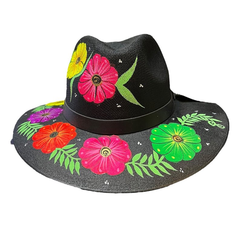 HAT MEXICAN Artisanal Hand Painted Fedora Floral Sombrero Panama Bohemian Black