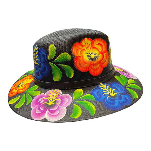 HAT MEXICAN Artisanal Hand Painted Fedora Floral Sombrero Panama Bohemian Black