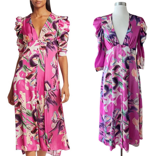 PATBO Grace Floral Dress Satin Puff Sleeve Midi Button Down Influencer US 6