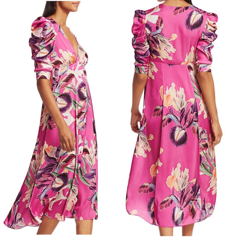 PATBO Grace Floral Dress Satin Puff Sleeve Midi Button Down Influencer US 6