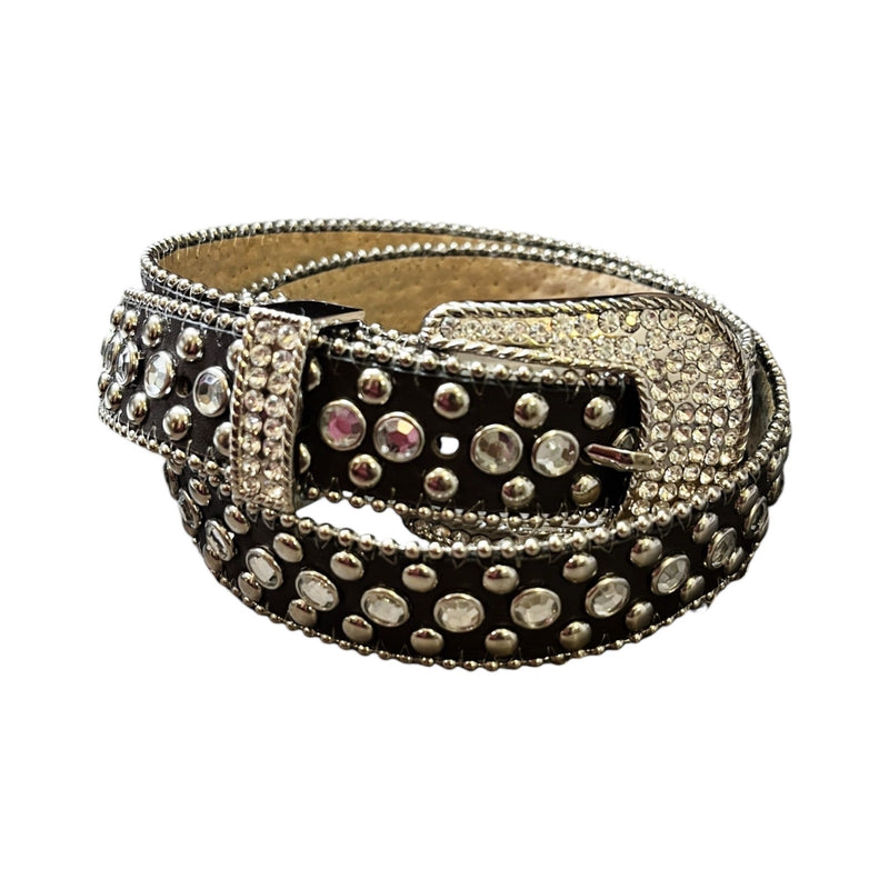 CHRISTINE ALEXANDER Brown Silver Crystals Embellished Leather Belt Rhinestone M