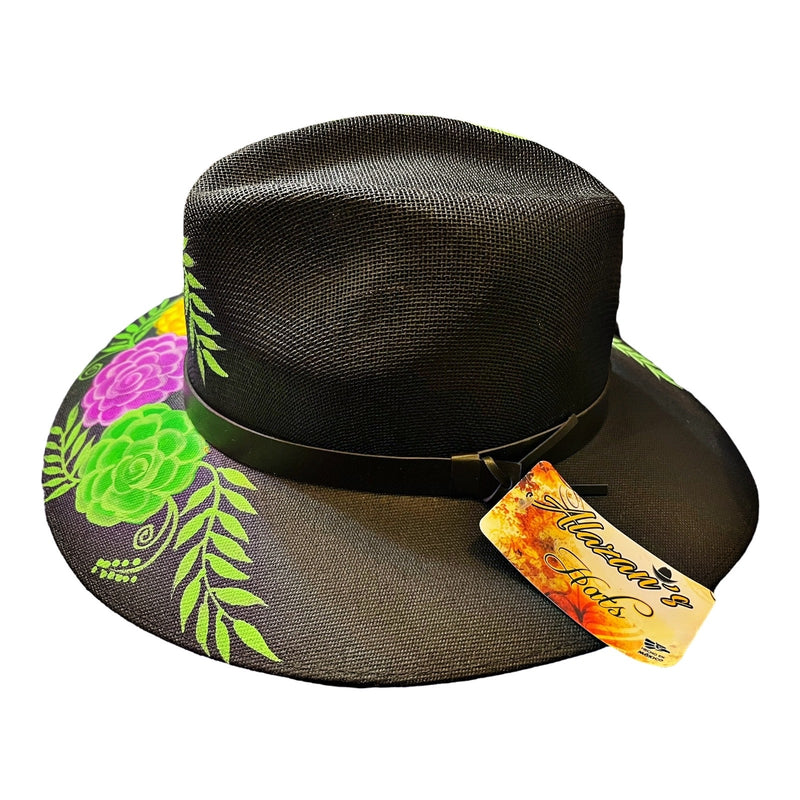 HAT MEXICAN Artisanal Hand Painted Fedora Floral Sombrero Panama Bohemian Black