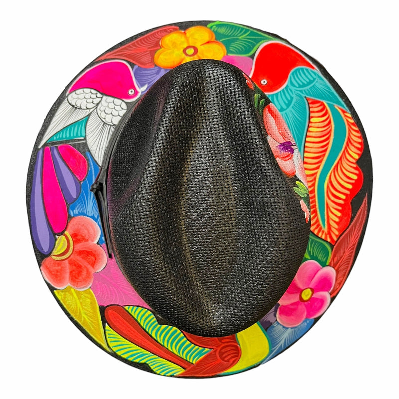 HAT MEXICAN Artisanal Hand Painted Fedora Floral Sombrero Panama Bohemian Black