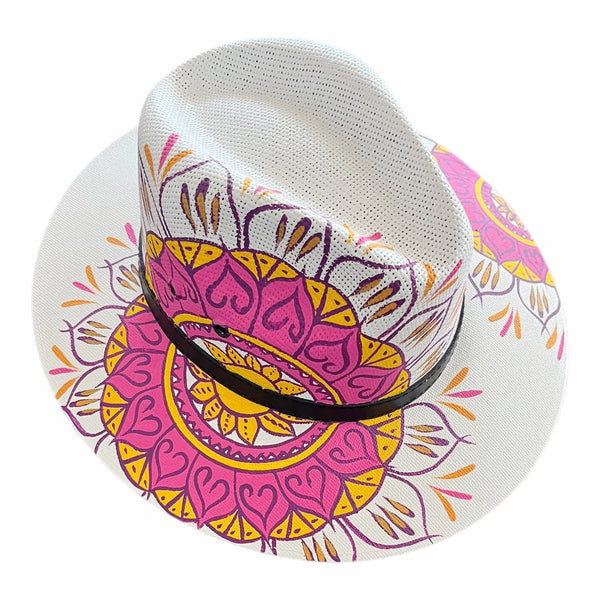 HAT MEXICAN Artisanal Hand Painted Fedora Mandala Sombrero Panama Bohemian White