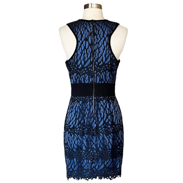 ROBERT RODRIGUEZ Sleeveless Sheath Dress Lace Overlay Satin Blue Black 4 EUC