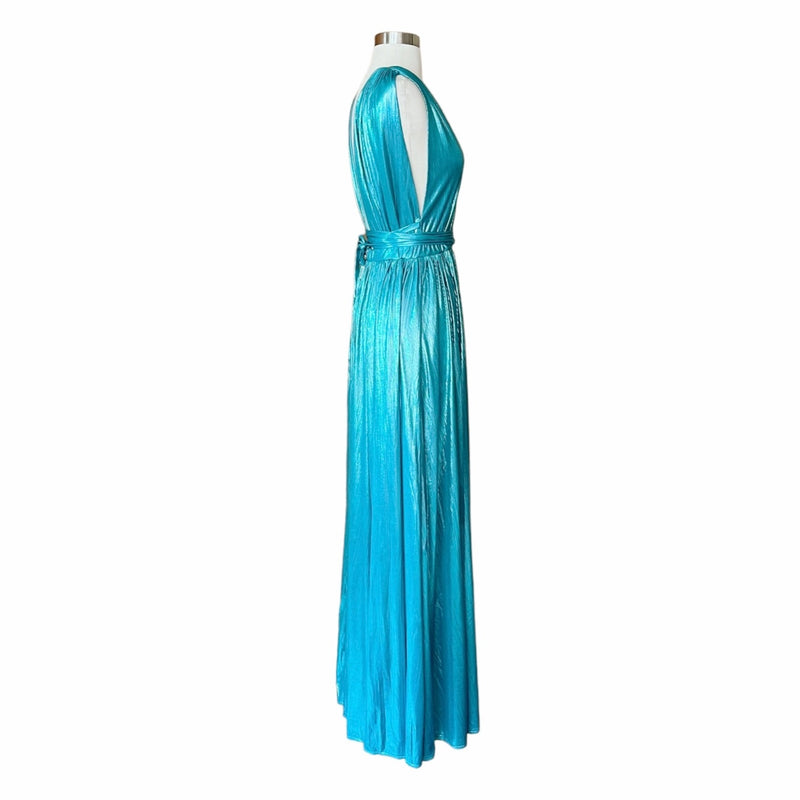 BRONX AND BANCO Romi Metallic Gown Plunge Neckline Dress Teal Turquoise Large 8