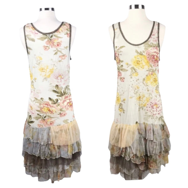 ALBERTO MAKALI Jersey Dress Floral Sequins Tulle Ruffles Hem Sleeveless Small