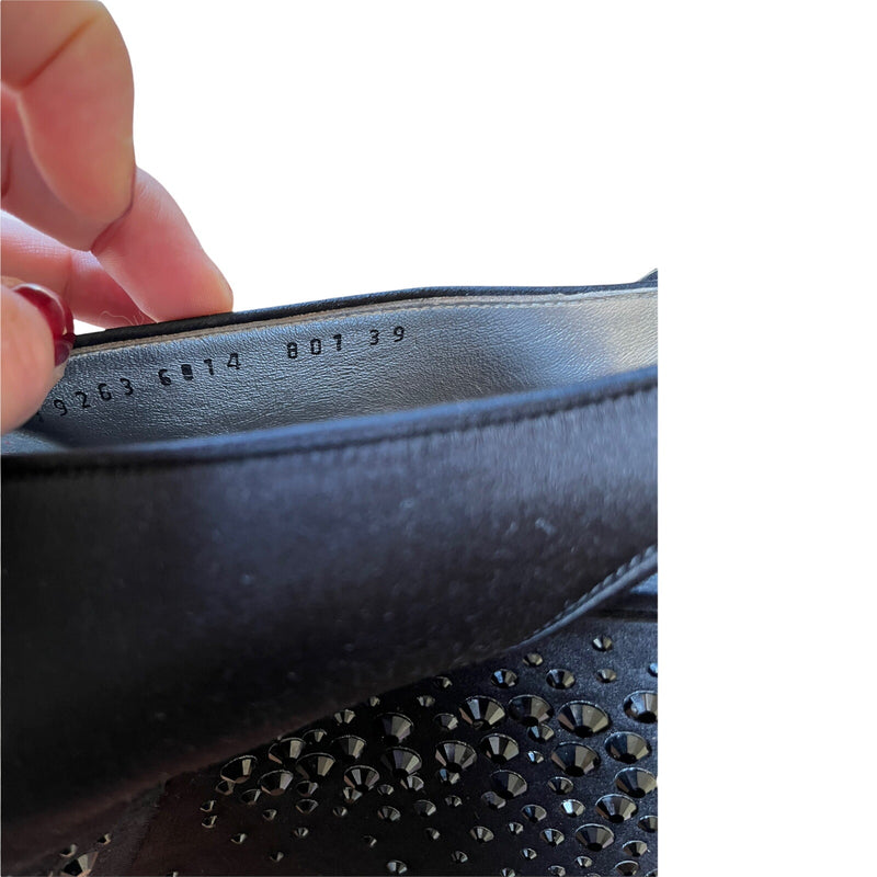 CASADEI Black Satin Wedges Swarovsky Crystals Italy Shoes Peep Toe Heels 5 in