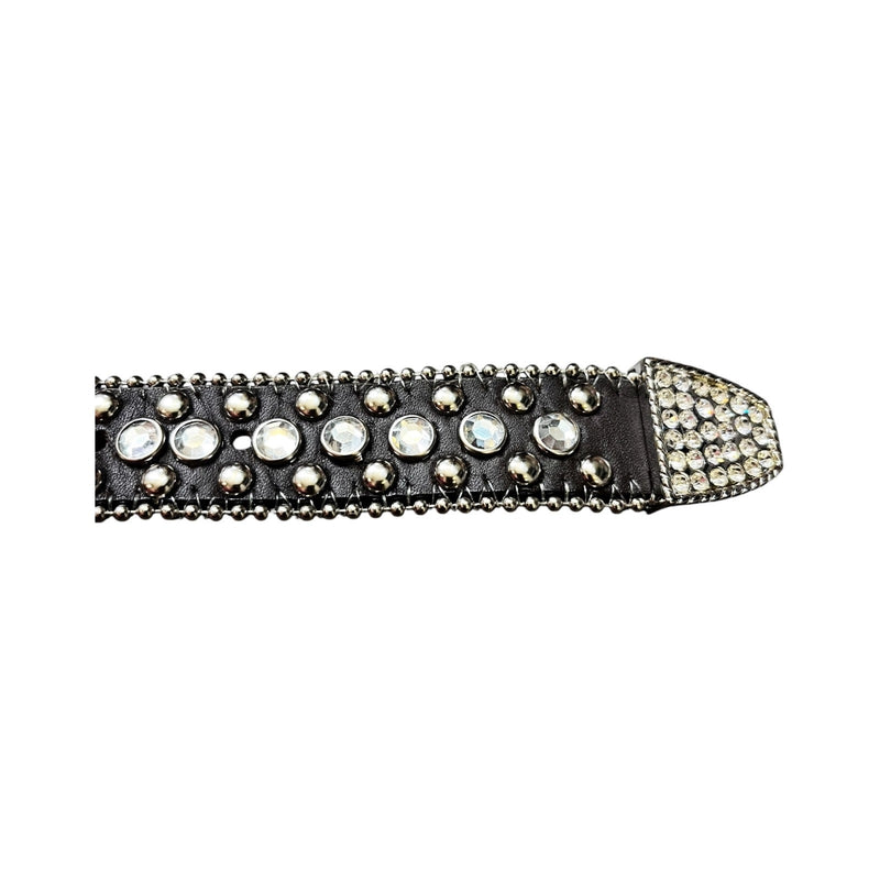 CHRISTINE ALEXANDER Brown Silver Crystals Embellished Leather Belt Rhinestone M