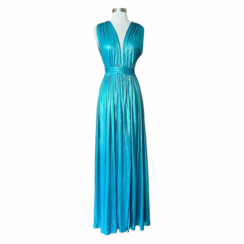 BRONX AND BANCO Romi Metallic Gown Plunge Neckline Dress Teal Turquoise Large 8