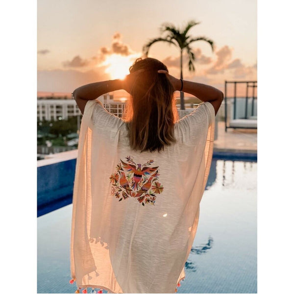 BEACH COVER UP KIMONO T. ZOVICH Otomi Graphic Shawl Natural Print Ruana Bohemian
