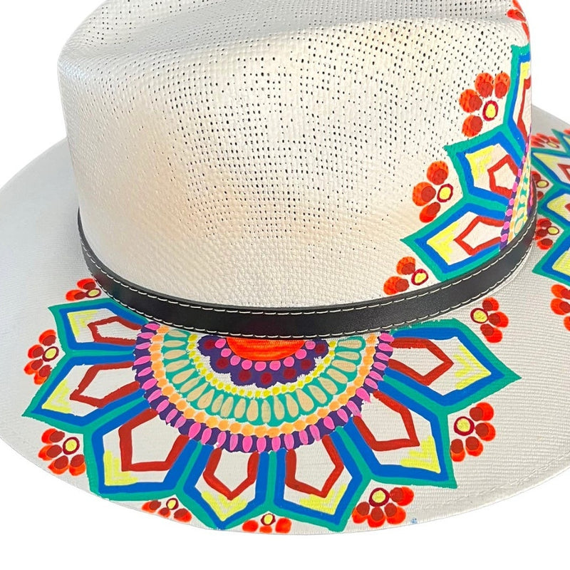 HAT MEXICAN Artisanal Hand Painted Fedora Mandala Sombrero Panama Bohemian White