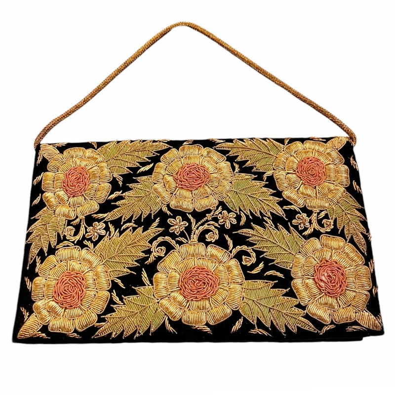 VINTAGE ZARDOZI Metal Embroidered Envelope Clutch Gold Black Velvet Handmade