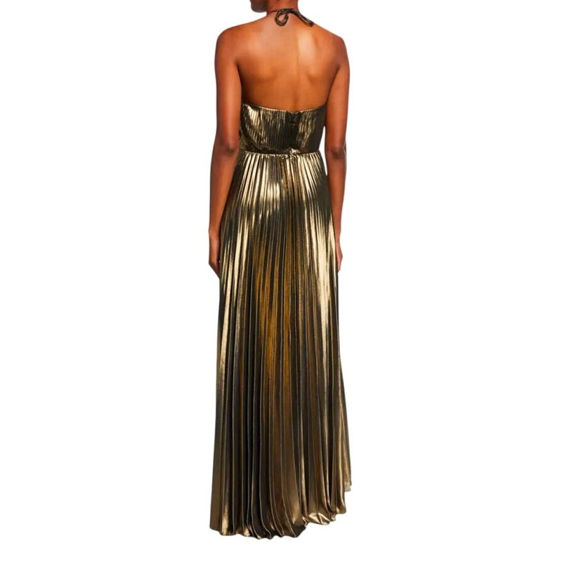 AIDAN MATTOX Pleated Folied Chiffon Halter Gown Bronze Metallic Maxi 4 EUC