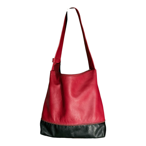 ARCADIA Leather Shoulder Bag Red/Black Bi-Color Bag Hobo Tote Italy Top Zip EUC