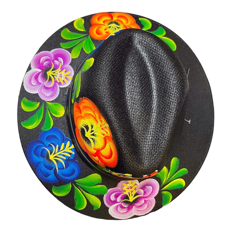 HAT MEXICAN Artisanal Hand Painted Fedora Floral Sombrero Panama Bohemian Black