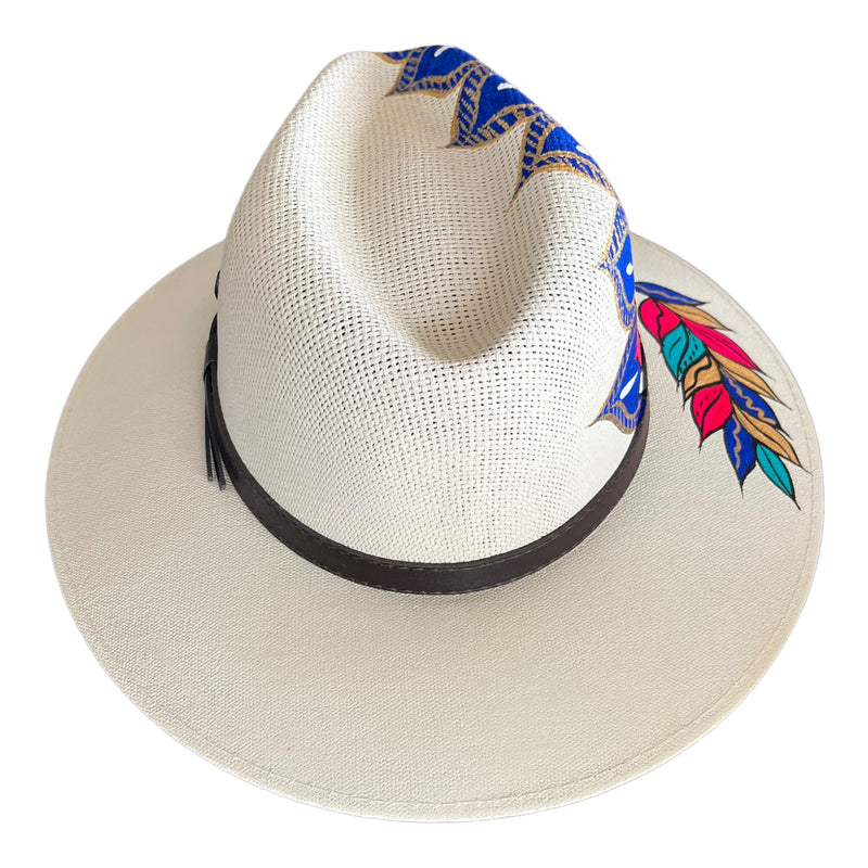HAT MEXICAN Artisanal Hand Painted Fedora Mandala Sombrero Panama Bohemian White