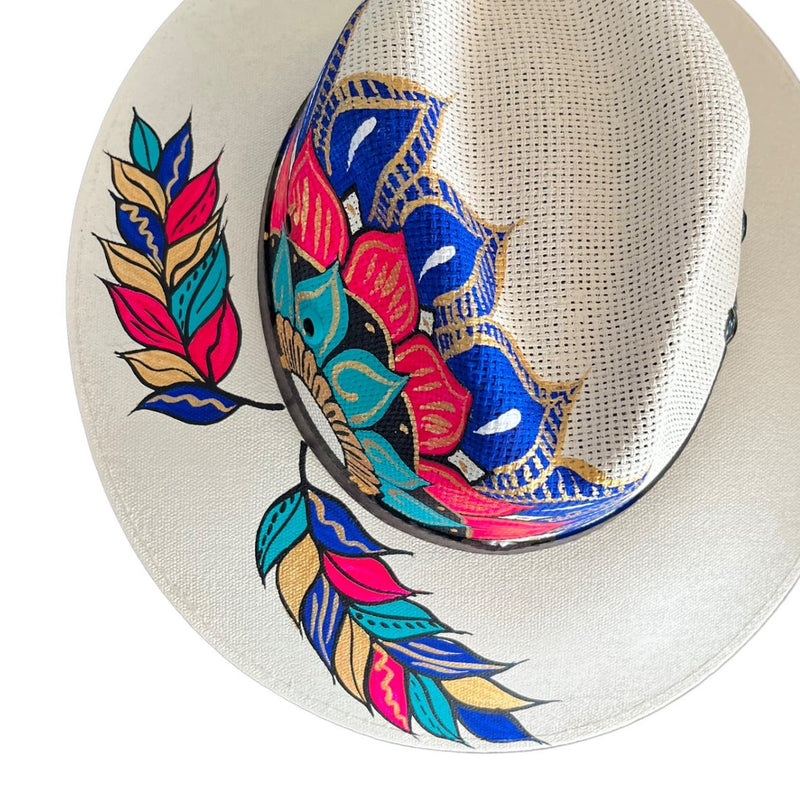 HAT MEXICAN Artisanal Hand Painted Fedora Mandala Sombrero Panama Bohemian White