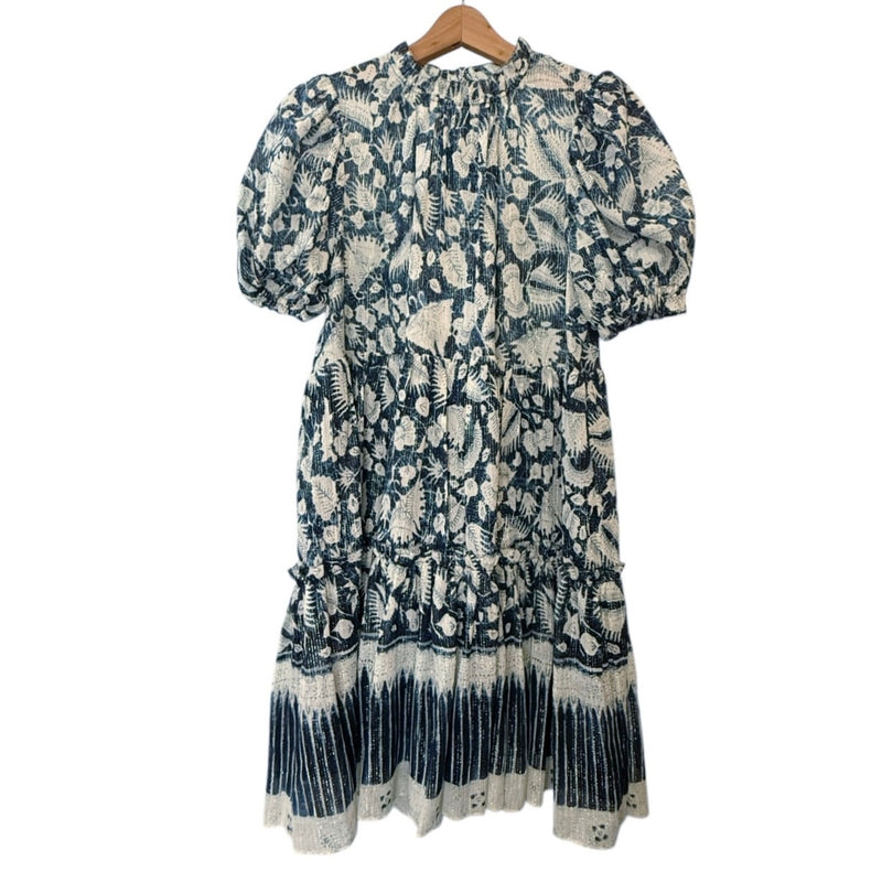 ULLA JOHNSON Dahlia Dress Blue Batik Short Puff Sleeves Crew Neck Silk Lurex 2
