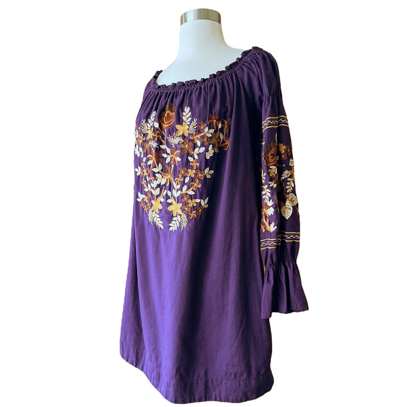 FREE PEOPLE Mini Dress Fleur du Jour Embroidered Tunic Purple Off the Shoulder