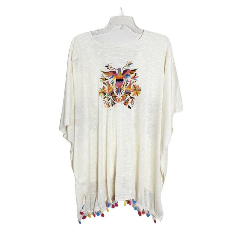 BEACH COVER UP KIMONO T. ZOVICH Otomi Graphic Shawl Natural Print Ruana Bohemian