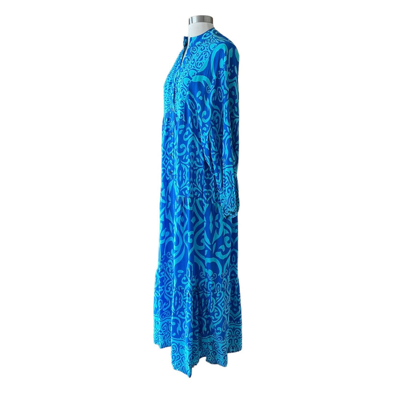 Blues Paisley Maxi Dress V-Neck Long Sleeves Tropical Bold Print Medium