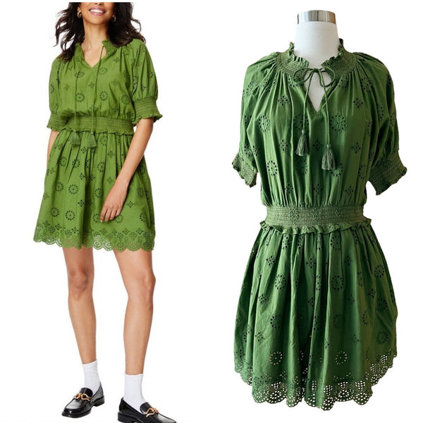 ROLLER RABBIT Fiorella Dress Astra Eyelet Green Cotton Short Sleeves Small NEW