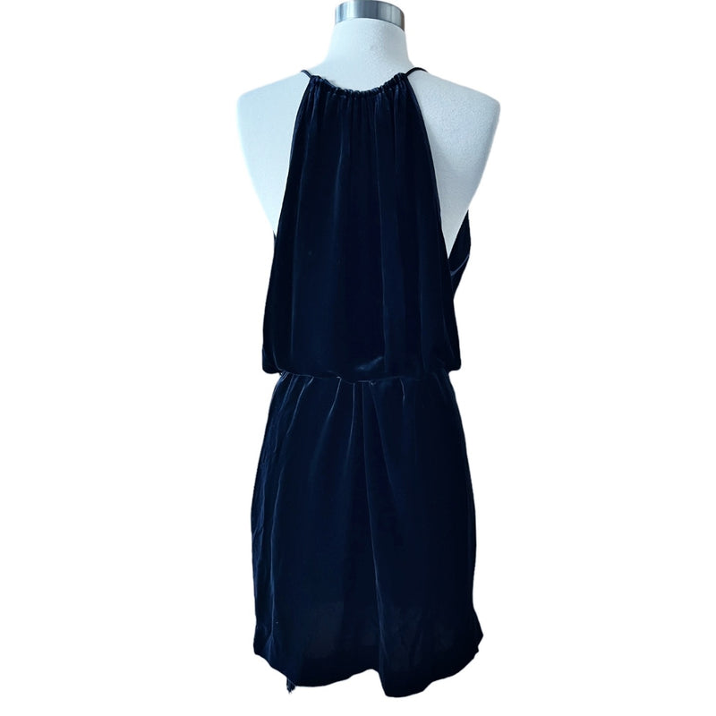 NILI LOTAN Velvet Dress Dark Blue Belted Tassels Sleeveless Silk Rare Medium