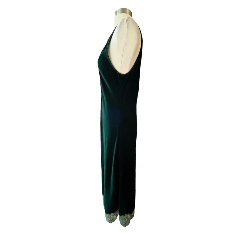 ZARA Velvet Slip Dress Lace Trim Midi Green V-Neck Sleeveless Stretch Medium EUC