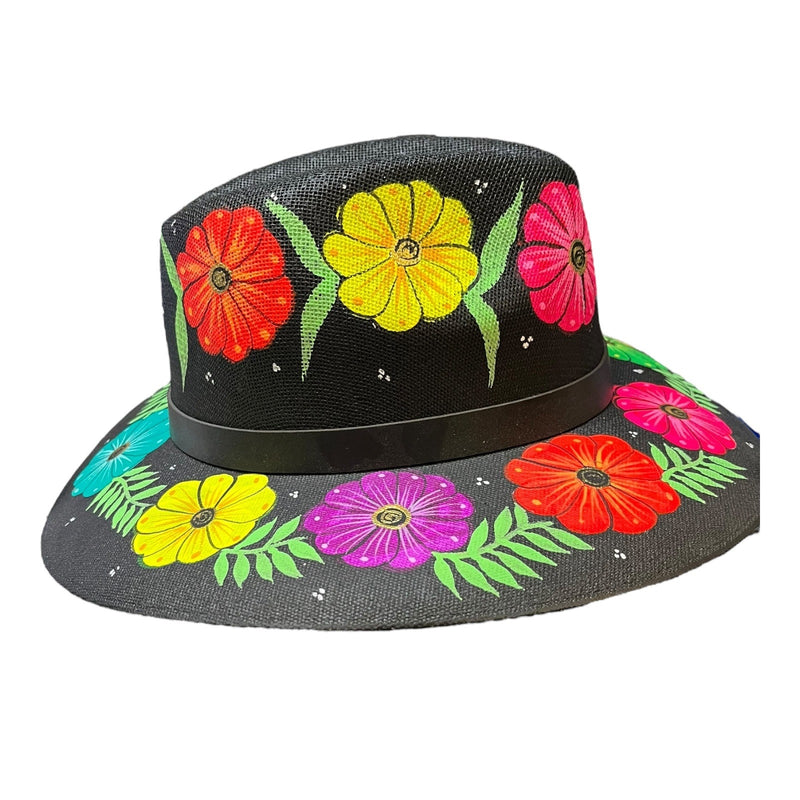 HAT MEXICAN Artisanal Hand Painted Fedora Floral Sombrero Panama Bohemian Black
