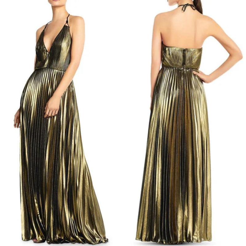 AIDAN MATTOX Pleated Folied Chiffon Halter Gown Bronze Metallic Maxi 4 EUC