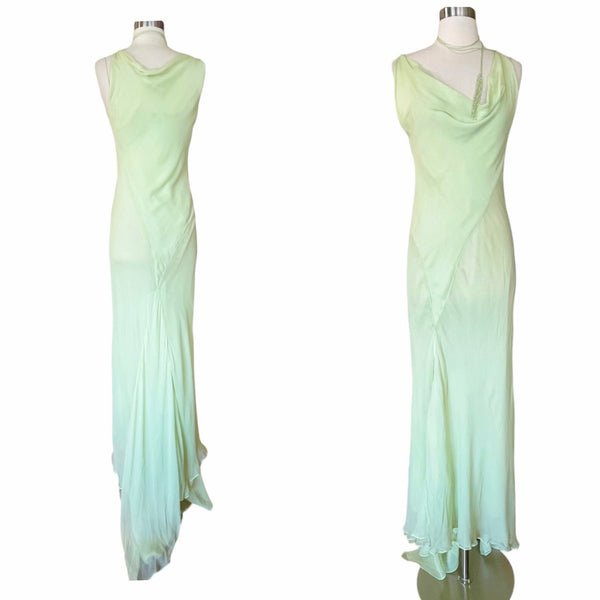 KRIZIA Chiffon Silk Draping Gown Slip Lining Train Cowl Neck Sleeveless Italy 40