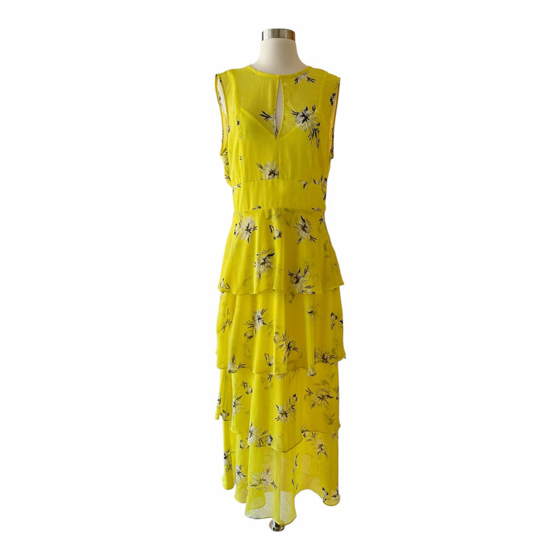 GREAT JONES Floral Silky Chiffon Tiered Dress Maxi Sleeveless Yellow Crew Neck
