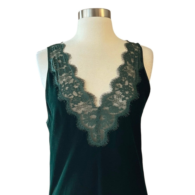 ZARA Velvet Slip Dress Lace Trim Midi Green V-Neck Sleeveless Stretch Medium EUC