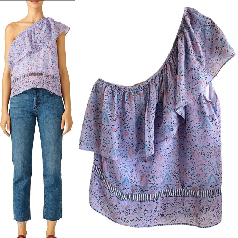 SAYLOR One Shoulder Janice Top Floral Purple Ruffles Chiffon Fabric Blouse Small