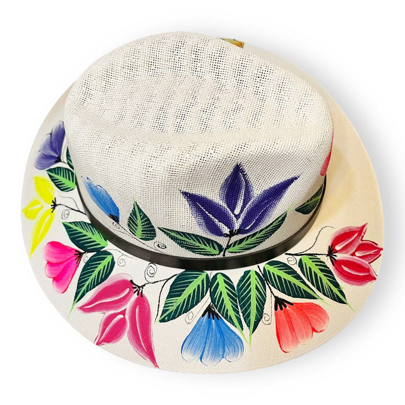 HAT MEXICAN Artisanal Hand Painted Fedora Floral Sombrero Panama Bohemian White